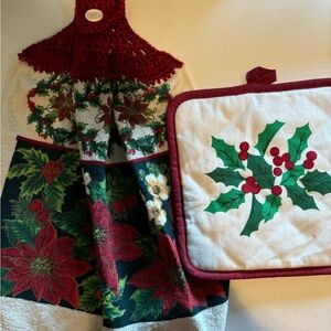 Christmas Kitchen  Towel with Hand Crochet top to Hang with a Pot Holder Set